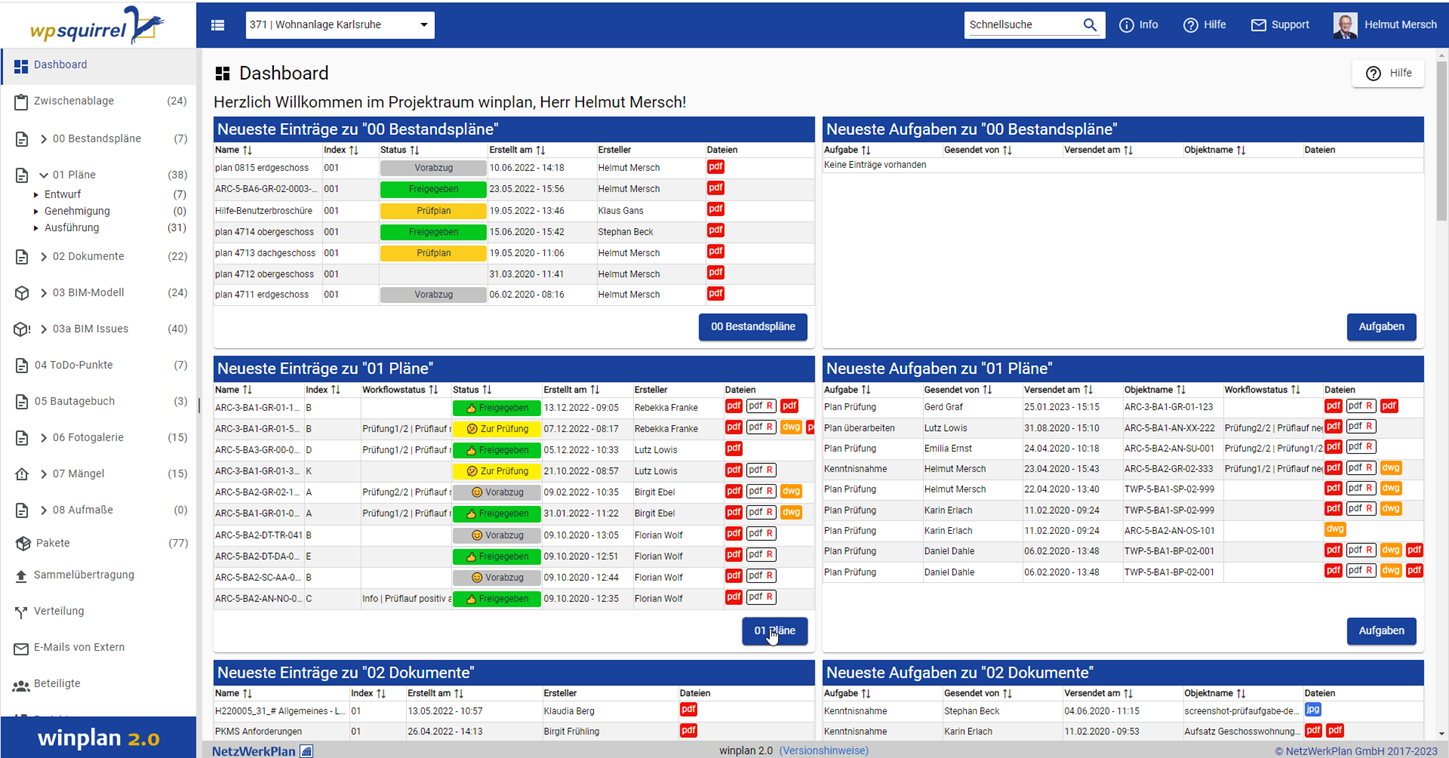 Benutzeroberfläche winplan 2.0 Common Data Environment (CDE)